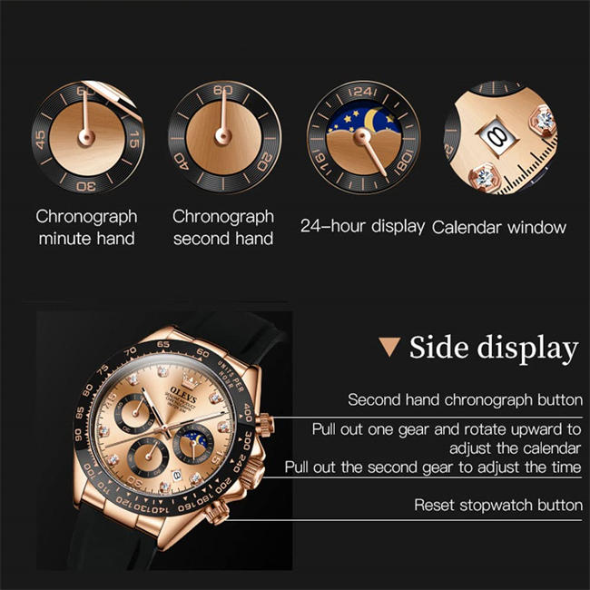 Watches for Men Multifunction Moon Phase Chronograph Analog Quartz Watch Silicone Diamond Waterproof Luminous Wrist Watches